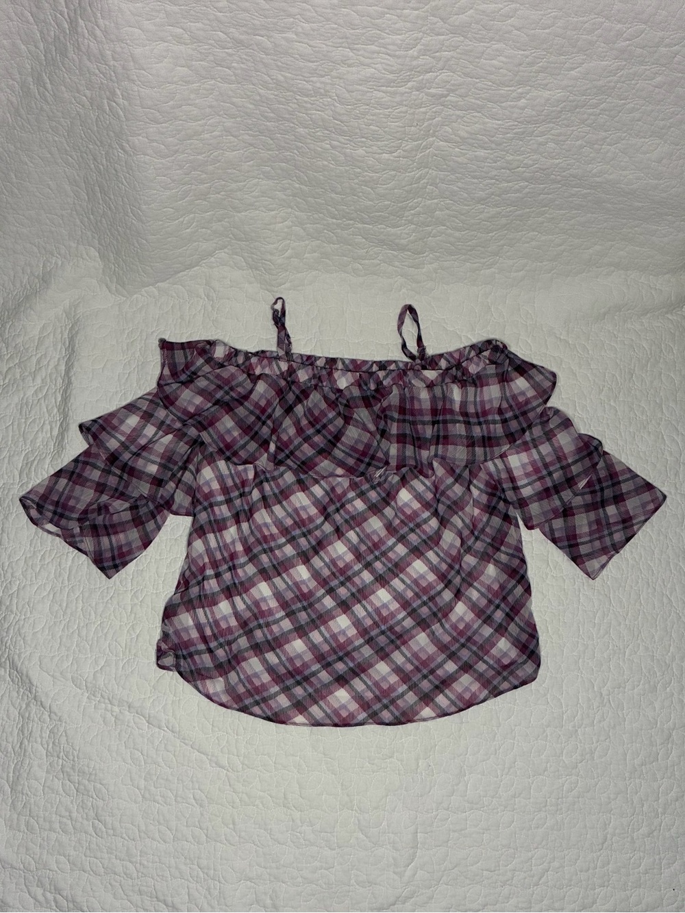 BCX Plaid Off Shoulder Ruffle Top Size Medium